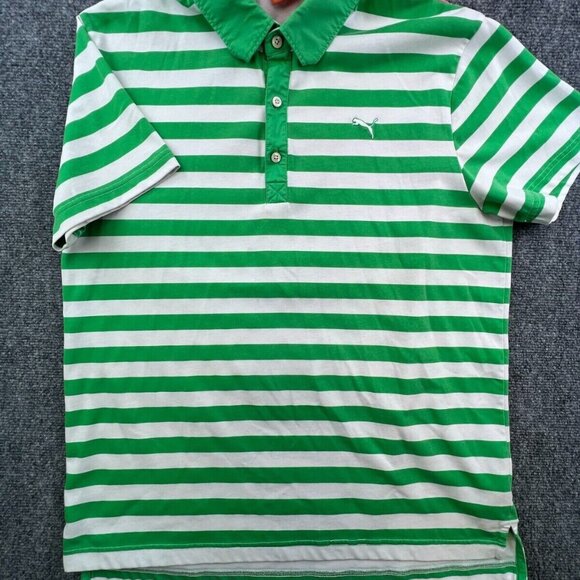 Puma Adult Mens Large Polo Short Sleeve Green Front Multicolor Back Stripe Logo - Picture 2 of 7